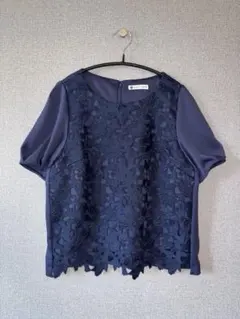 美品 BABYLONE レース切替 半袖ブラウス ネイビー 38のサムネイル