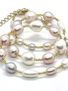 【テリ強】本真珠11mmオーバルマルチカラーパールネックレス K18金箔一点限り