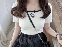 リボン付きスクエアネック半袖カットソー GRL