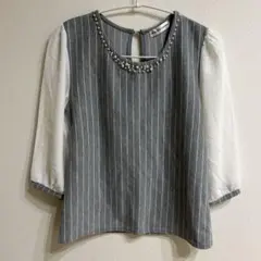ヘルシーカレン　ストライプパールブラウス　フェミニンオシャレカジュアル可愛い綺麗のサムネイル
