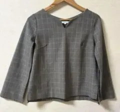 PLSTウォームリザーブ Vネックブラウス グレー チェックS