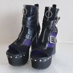 YOSUKE 厚底ブーツサンダル　ブラック　パープル　黒　紫　ヒール高　厚底