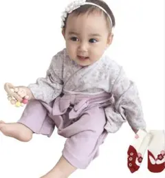 【70cm】ベビー袴　袴ロンパース　紫　小花柄　靴下付