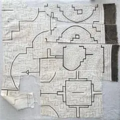 手描き古布　ハギレ　オフ白×こげ茶　エスニック