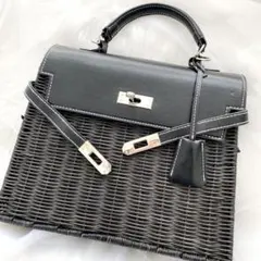 ブラックレザー かごバッグ ピクニック ラタン　ケリー 30cm スタッズのサムネイル