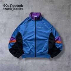 古着90sトラックジャケットReebok青ブルー黒ブラック紫橙色好配色短丈刺繍L