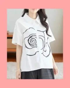 ♣♥♠♦新品未使用！線画ローズ柄半袖シャツ（ホワイト）　ML