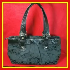 コーチ シグネチャーｘレザー トート ショルダーバッグ ブラック ※98-11