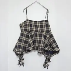 ZARAザラ チェック柄 フリル キャミトップス（M）ネイビー×ベージュ