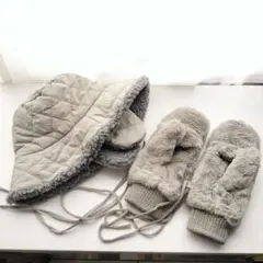 レディース 手袋&帽子 防寒セット ミトン手袋とボアバケットハット グレー