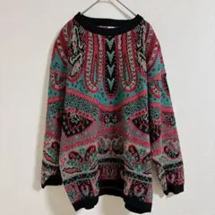 USA古着 総柄 デザインニット セーター ラメ 派手 38(18W) 3XL