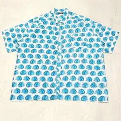 美品✨チャイハネ ブロックプリント アロハシャツ ハリネズミ 総柄 ブルー半袖のサムネイル