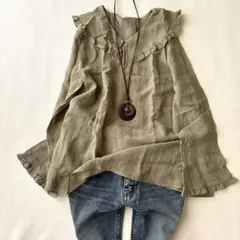 シップス フリル付き長袖シャツ ブラウス　オリーブ