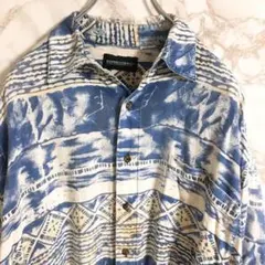 【レアデザイン】壁画調　アロハシャツ　ライトブルー　Ｌ相当　アート☆