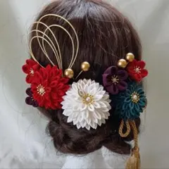 成人式　結婚式　和装　髪飾り　ちりめん　白　赤　青緑　金　水引