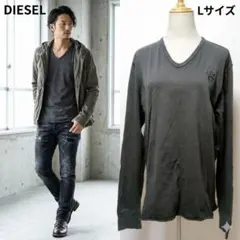 ディーゼル Vネック長袖Tシャツ ロンT ロゴ刺繍 コットン グレー Lサイズ