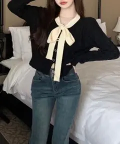 【新品】Nia(ニア)/モノトーン　リボン付きカーディガン