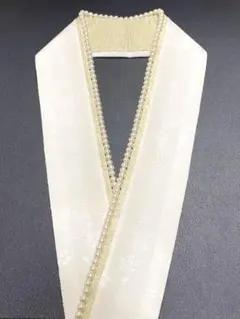 桜地紋　パール付き重ね衿　正絹　白×金