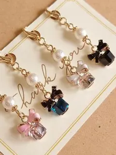 371 パール リボンガラスキューブチャーム 4個 ゴールド