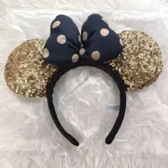 ディズニー リゾート 公式 ミニー カチューシャ 黒×金 ドット柄
