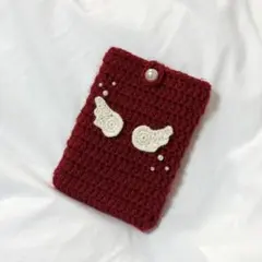 ハンドメイド　編み物　ブックカバー　文庫本サイズ　ワインレッド　天使の羽