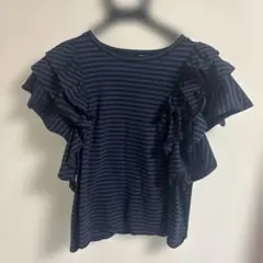 フリル付きネイビーストライプ半袖Tシャツのサムネイル