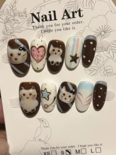 猫とハートのネイルアートチップ ショートオーバルS