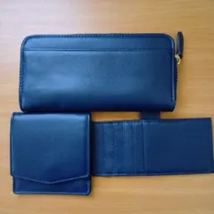 牛皮革ネイビー 長財布・小銭入れ・カードホルダーのセット