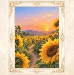 【ヒーリングアート】夕陽へ続くひまわり畑の小道