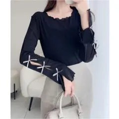 ミウィビレット 袖 リボン スラブ シアー ジャガード プルオーバー