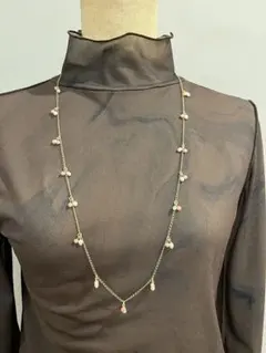 天然石ロングネックレス　サンゴ×パール