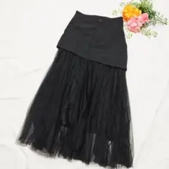 レディース　スカート　アシンメトリー　ブラック　フレアスカート　チュール　レース
