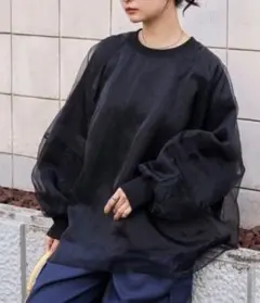 裏起毛　シアーレイヤードボリュームスリーブオーバーサイズスウェット　М　ブラック