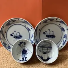 有田焼 青花 しん窯 皿 小鉢 器 湯呑み 異人 帆船 4点セット