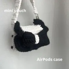ハンドメイド ハート柄リボンミニポーチ黒AirPodsケース