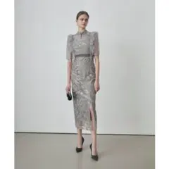 【Leja】完売品フラワースパンコールシアーフリルIラインワンピース　ドレス　S