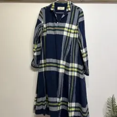 BEAMS BOY シャツワンピース 長袖 ネイビー・グリーンチェック