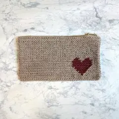 【ハンドメイド】両面ハート♡ペンケース　コスメポーチ　ラテベージュ×ボルドー