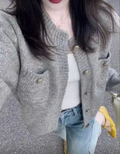 Shein ゴールドボタン ニットカーディガン グレー