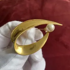 【27】一粒パール　ゴールドブローチ　ヴィンテージ　シンプル