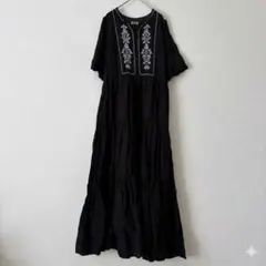 【美品】Bab バブ 刺繍ティアードワンピースマキシ丈 ブラック綿100% M