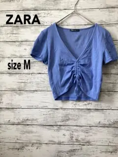 ザラ【M】フロントギャザー半袖Tシャツ　ショート丈　ブルー