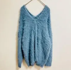 ゆるふわ ジーナシス ニット フェザーヤーン セーター 長袖 Vネック 青