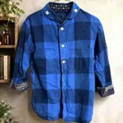 MARK STORE インディゴブルー　七分袖チェックシャツ Mサイズのサムネイル
