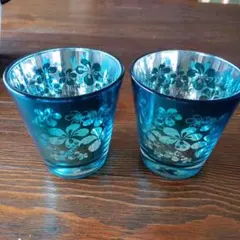 青色 花柄 ガラスコップ 2個セット