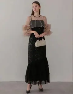 Leja フラワースパンコールチュールフリルスリーブIラインワンピースドレス