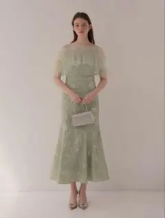 【LEJA】チュールフリルボレロペイントマーメイドワンピースドレス　GREEN