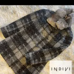 【INDIVI】ダッフルコート 2way ラビットファー チェック柄　グレー Mのサムネイル