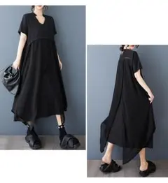 新品 大きいサイズ ワンピース 春夏 半袖 Vネック シフォン 黒　万能