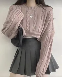 ピンク ケーブルニット クロップドセーター